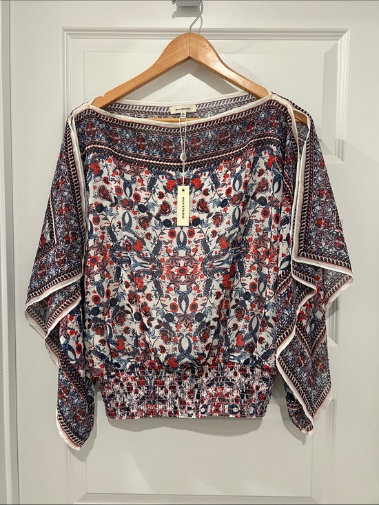Max Studio Tops - Max Studio Red White Blue Boho Floral Top Split Sleeves Smocked Two Layer Top XL